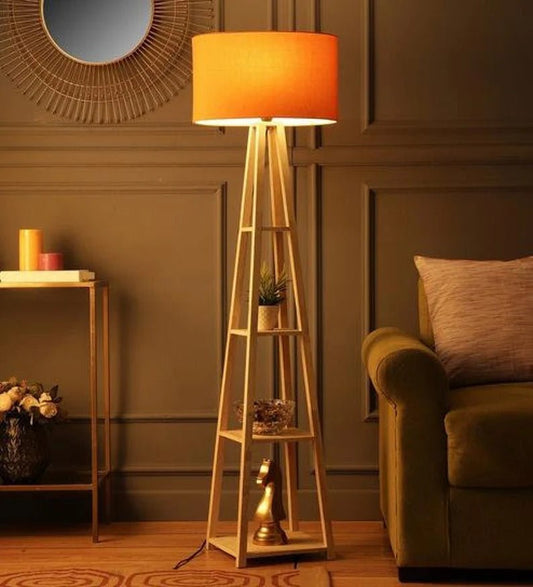 Floor Lamp With 3 Tier Cotton Shade Floor Lamp With Natural Finish Birch Plywood Base - Retro Handicrafts