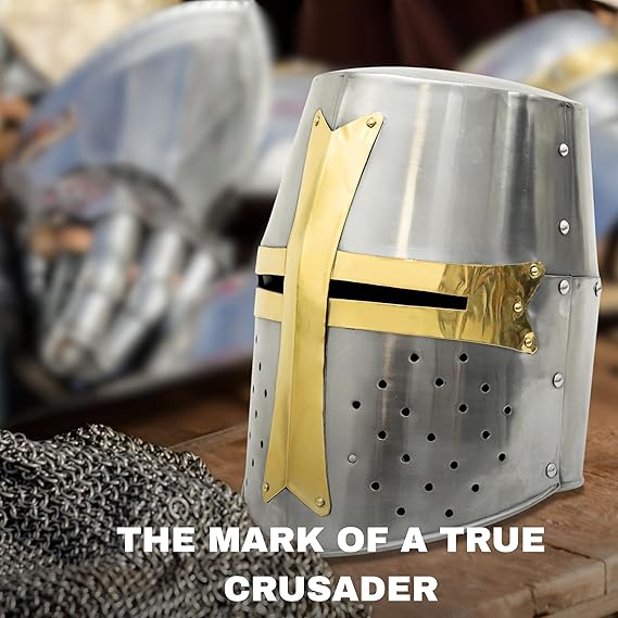 Full-size crusader helmet made of metal for LARP, cosplay costumes, and medieval reenactment displays.