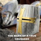 Full-size crusader helmet made of metal for LARP, cosplay costumes, and medieval reenactment displays.
