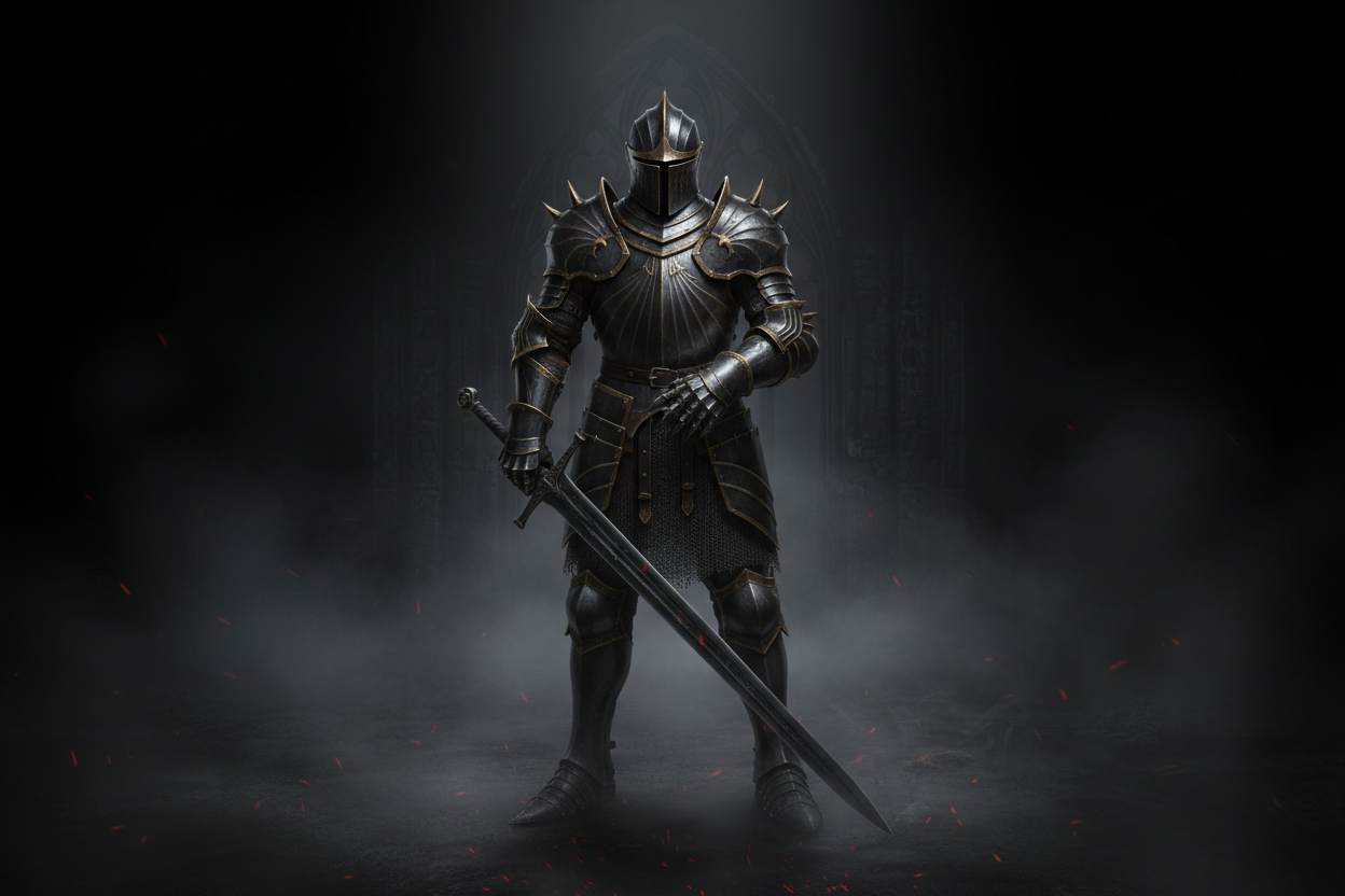 generate full body armor banner in dark theme