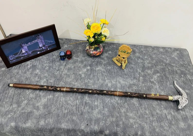 Perfect gift for gentlemen: Victorian style Dragon Head Walking Cane with nautical Toscano dragon handle, wooden shaft, and removable brass ring.