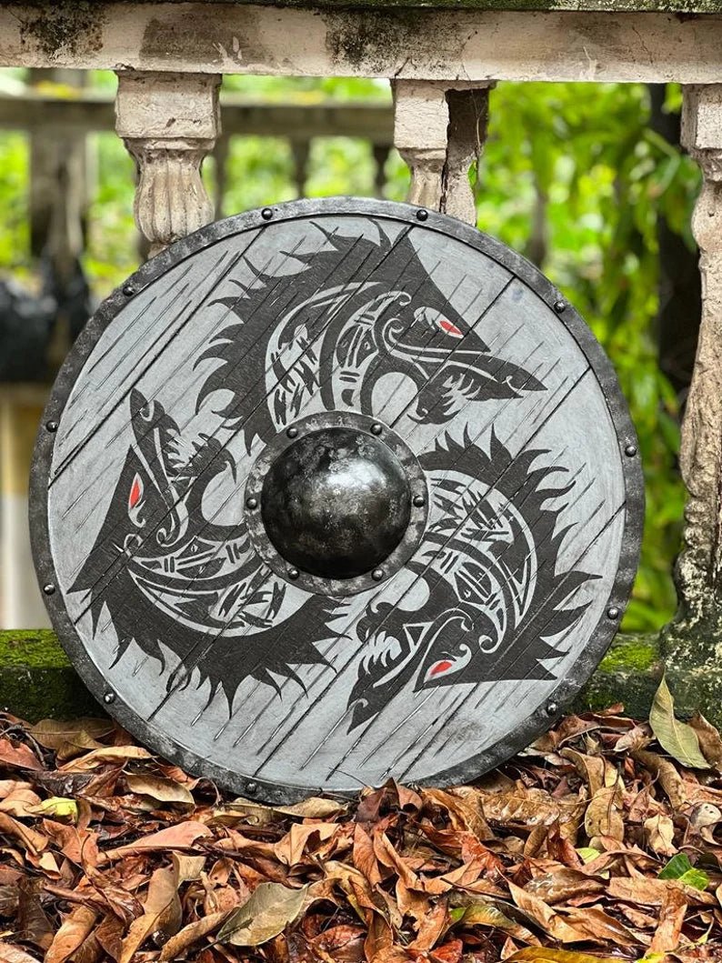 Front view of a handcrafted 24-inch wooden Viking shield, designed for medieval reenactments and battle-ready use. Authentic, durable, and detailed craftsmanship.