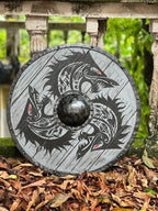Front view of a handcrafted 24-inch wooden Viking shield, designed for medieval reenactments and battle-ready use. Authentic, durable, and detailed craftsmanship.