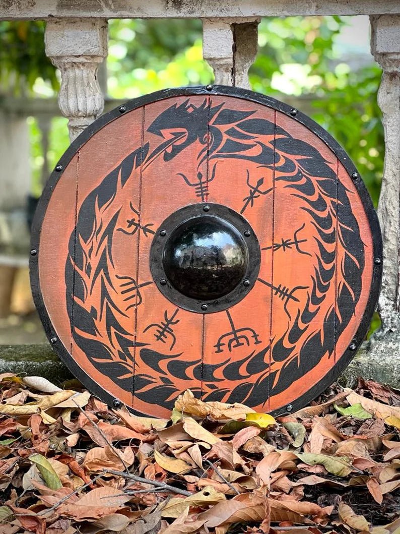 Front view of the handcrafted 24-inch Viking Wooden Shield, showcasing its premium wood construction and intricate craftsmanship