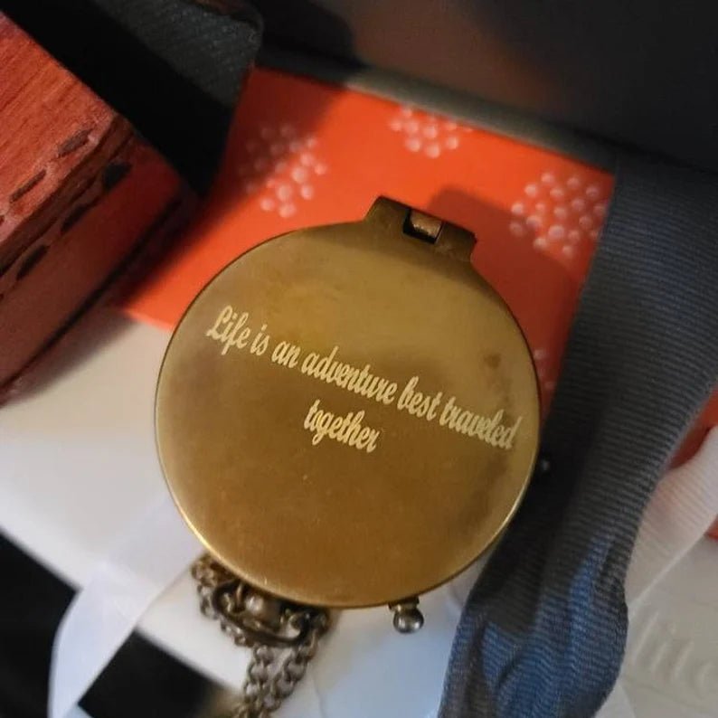 Handcrafted compass with personalized engraving, perfect for adventures and special occasions.