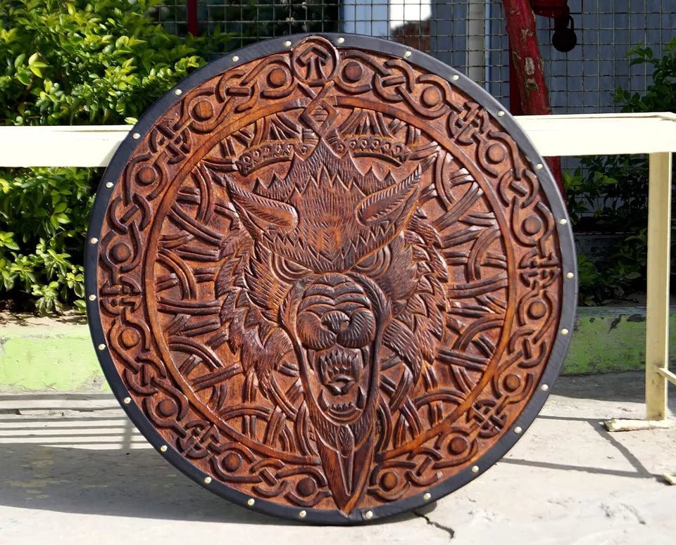 Handcrafted Viking wooden shield, perfect for medieval display and historical reenactments