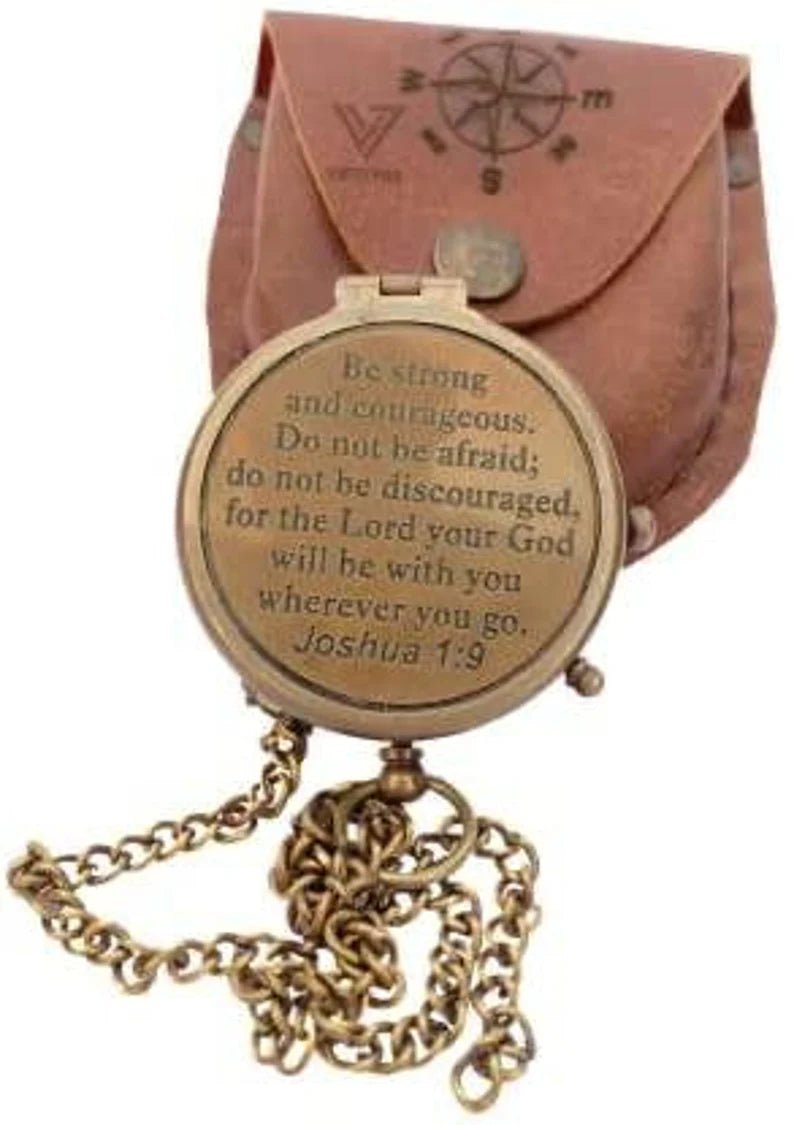 Detailed view of the handmade brass compass with vintage finish, highlighting its unique imperfections, perfect for religious gifts.