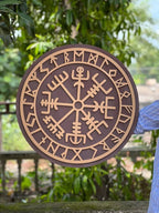 Front view of the 24-inch Handmade Medieval Wooden Viking Shield, showcasing intricate craftsmanship and premium wood material