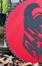 Handmade Viking round carving shield, crafted from premium wood for medieval reenactments and LARP.