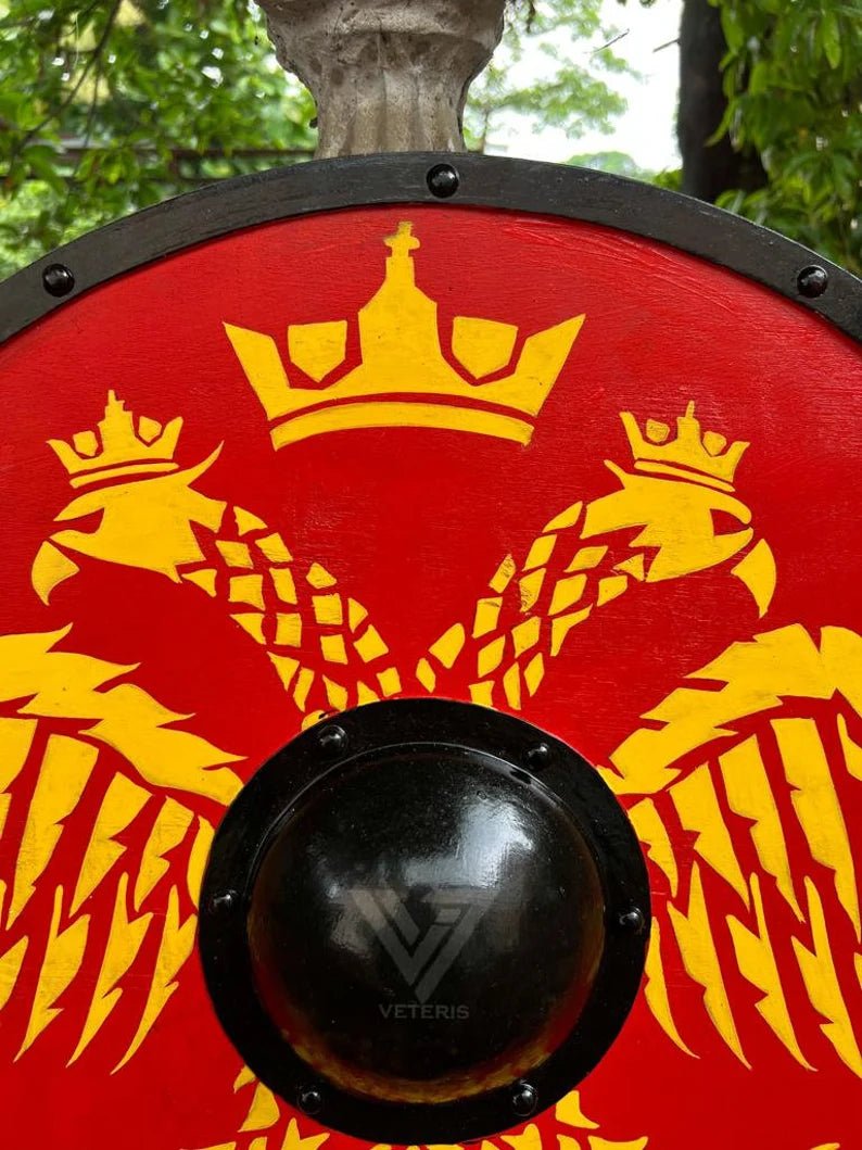 Handmade Viking wooden shield ideal for LARP, reenactment events, and historical battle simulation.