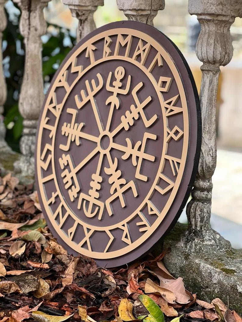 Close-up of the detailed craftsmanship on the 24-inch Handmade Viking Shield, highlighting its wood grain and construction quality.