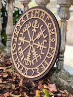 Close-up of the detailed craftsmanship on the 24-inch Handmade Viking Shield, highlighting its wood grain and construction quality.