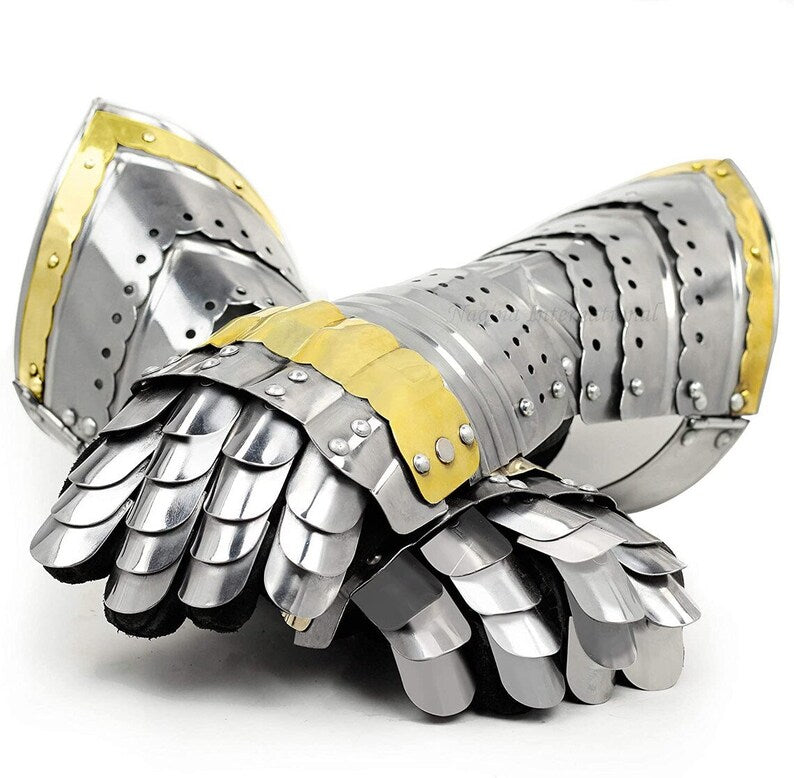 Medieval Armor Pair Brass Accents Gauntlet Gloves Knight Crusader Steel