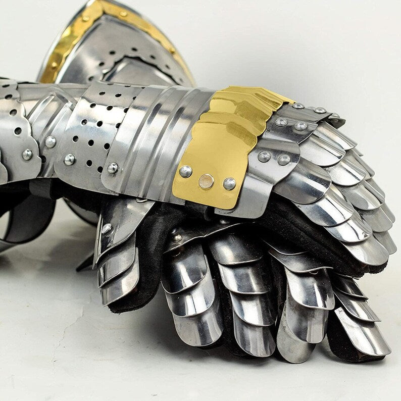 Medieval Armor Pair Brass Accents Gauntlet Gloves Knight Crusader Steel