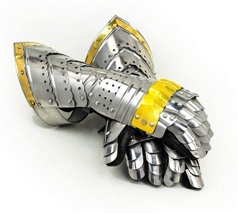 Medieval Armor Pair Brass Accents Gauntlet Gloves Knight Crusader Steel