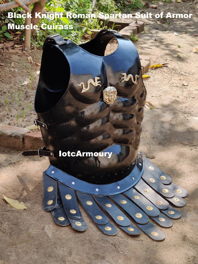 Black Knight Roman Spartan Suit of Armor Muscle Set Round Shield Helmet Arm & Leg guard Halloween Costume