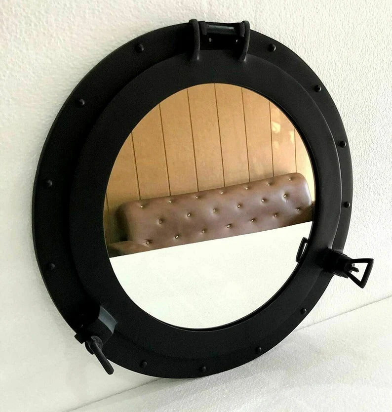 12 Inch Multi-Color Porthole Mirror - Black Powder Coated Nautical Wall Decor - Unique Home Decoration