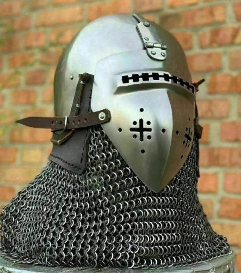 Immerse in History with Our Medieval Nurnberg Bascinet Hounskell Helmet - 14th Century Steel Chainmail Knight Helmet for Battle Warrior Armour