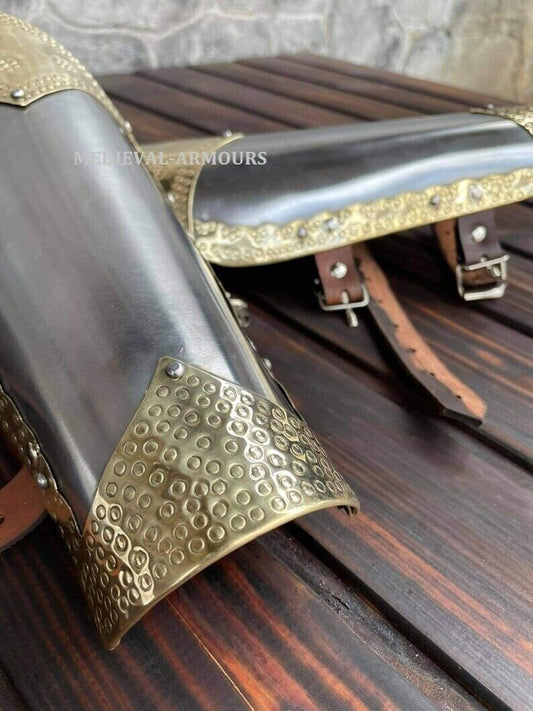 Medieval Bracers Pair Of Arm Armor Set Knight SCA LARP Hand Protection Armor Full Stainless Steel And Brass
