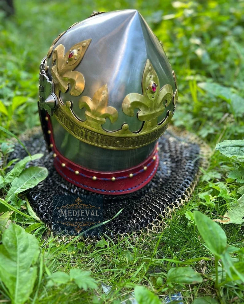 Medieval Royal Bacinet Crown Helmet,Medieval Bacinet Visor Helmet,With Chainmail