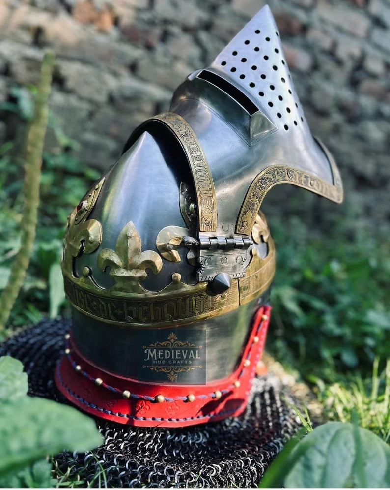 Medieval Royal Bacinet Crown Helmet,Medieval Bacinet Visor Helmet,With Chainmail