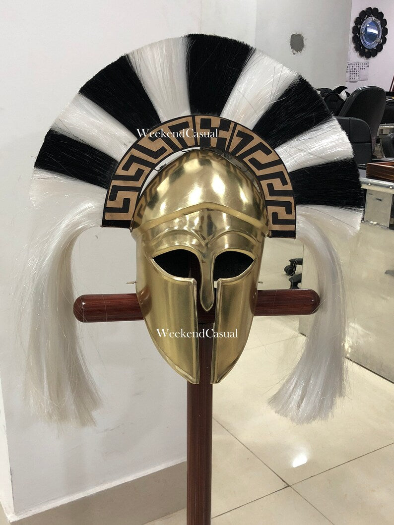 Crafted Elegance: Handmade Brass Greek Corinthian Helmet with Striking Black and White Plume - Perfect for Halloween, LARP, and SCA Costume