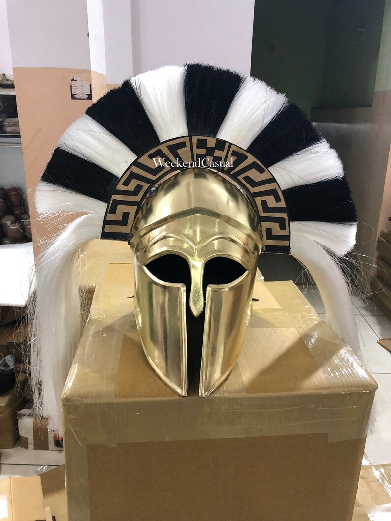 Crafted Elegance: Handmade Brass Greek Corinthian Helmet with Striking Black and White Plume - Perfect for Halloween, LARP, and SCA Costume