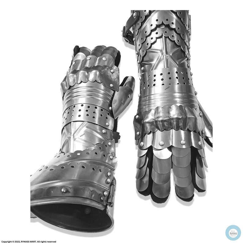 Medieval Warrior Steel Gothic Knight Style Warrior Functional Gloves & Gauntlets | Brass Accent