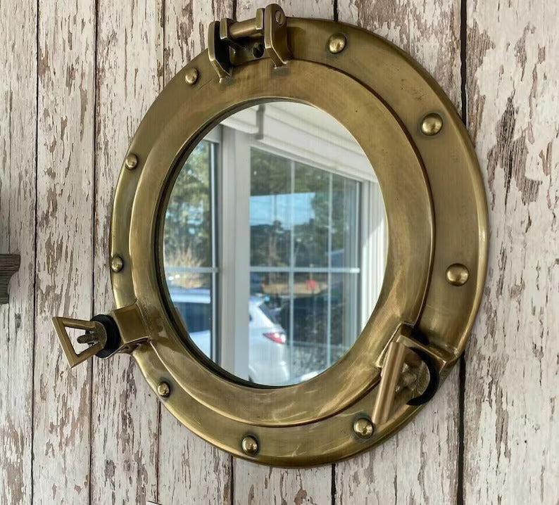 Antique Brass Porthole Mirror - 12'' Nautical Ship Boat Window Wall Decor - Home & Office Gift
