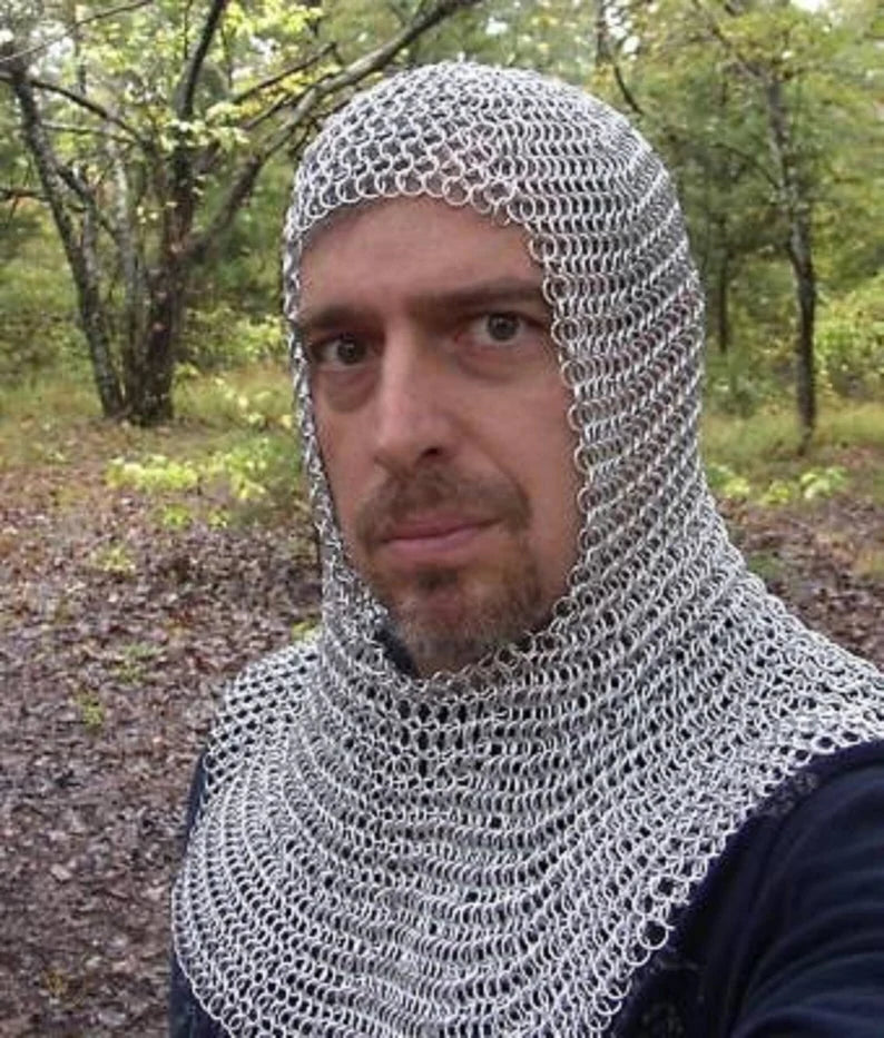 Aluminum Butted Chainmail Coif - Authentic Medieval Reenactment Armor Costume - Ideal Christmas Gift