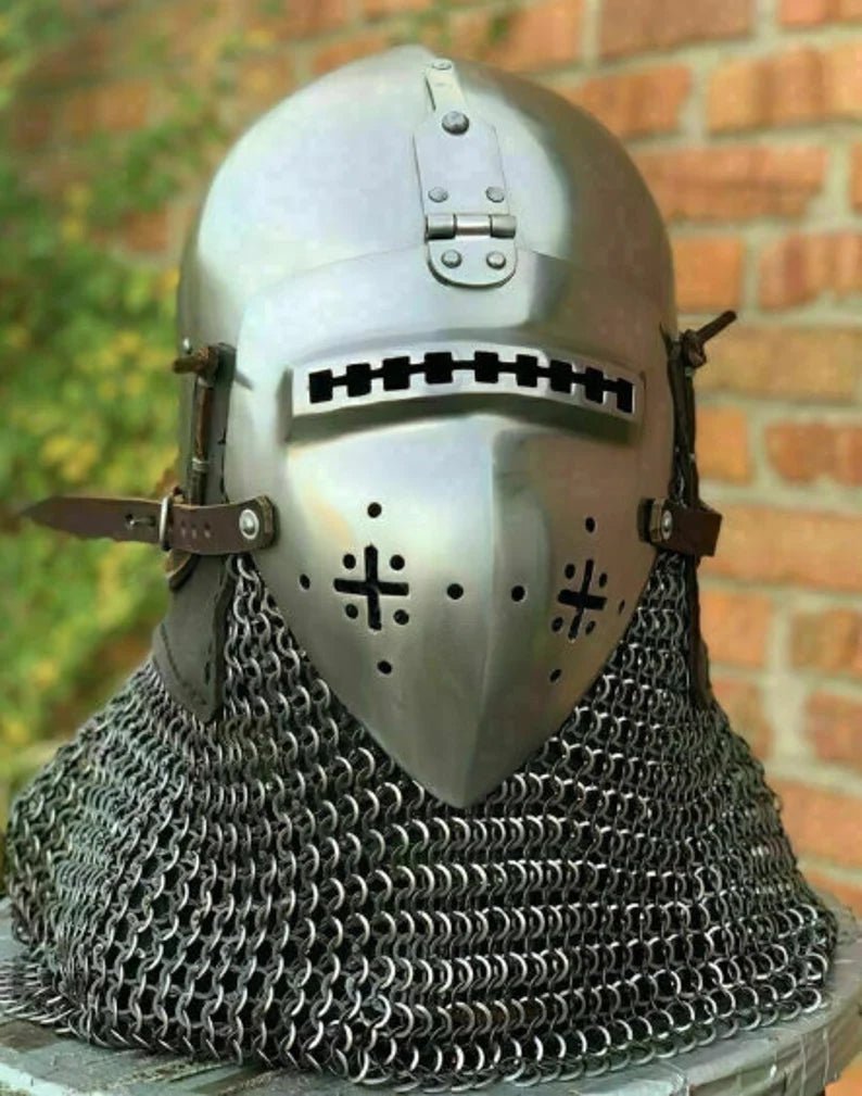 Immerse in History with Our Medieval Nurnberg Bascinet Hounskell Helmet - 14th Century Steel Chainmail Knight Helmet for Battle Warrior Armour - Retro Handicrafts