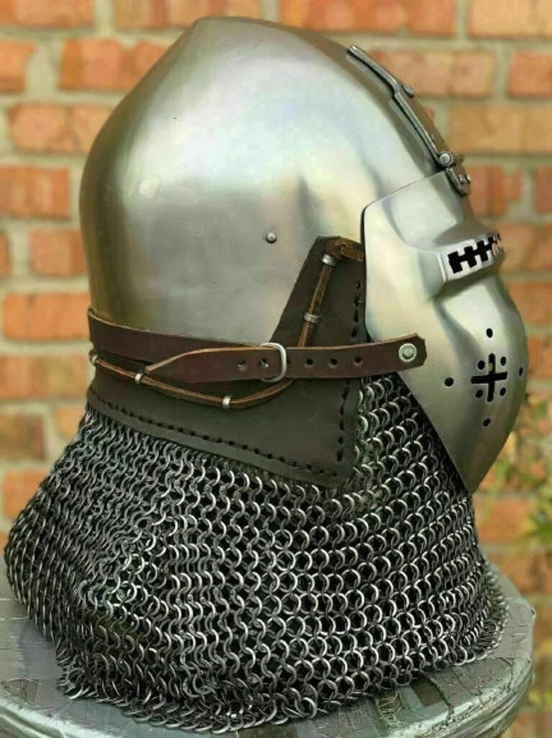 Immerse in History with Our Medieval Nurnberg Bascinet Hounskell Helmet - 14th Century Steel Chainmail Knight Helmet for Battle Warrior Armour - Retro Handicrafts