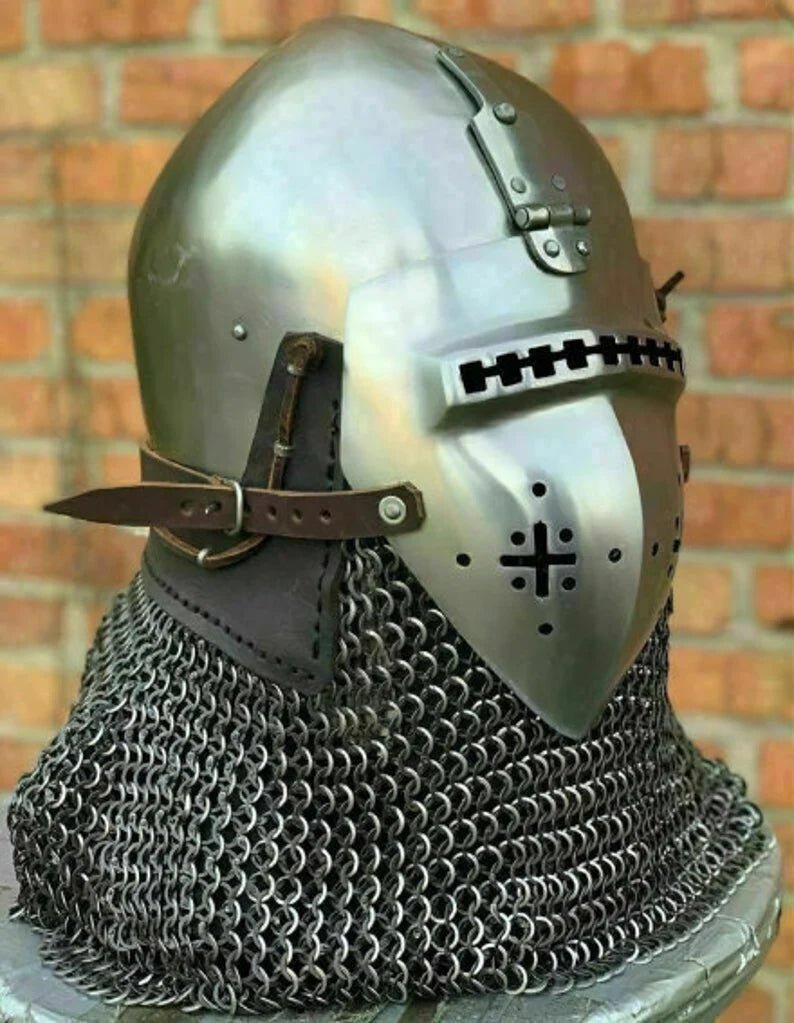 Immerse in History with Our Medieval Nurnberg Bascinet Hounskell Helmet - 14th Century Steel Chainmail Knight Helmet for Battle Warrior Armour - Retro Handicrafts