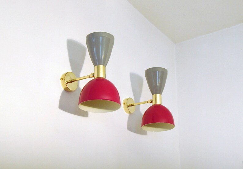 Italian Diablo Wall Lights, Stilnovo Style - Wall Sconce - Wall Light - Brass Fixture Wall Lamp - Metal and Brass - GRAY / RED Color - Retro Handicrafts