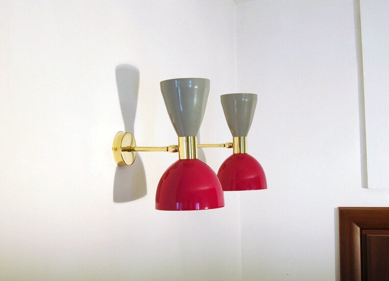 Italian Diablo Wall Lights, Stilnovo Style - Wall Sconce - Wall Light - Brass Fixture Wall Lamp - Metal and Brass - GRAY / RED Color - Retro Handicrafts