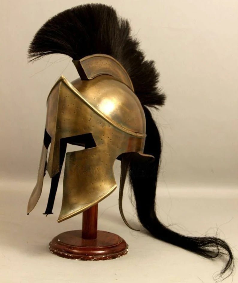 Side profile of the 300 movie King Leonidas Spartan helmet showing the 18-gauge steel construction and adjustable inner leather liner.