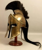 Side profile of the 300 movie King Leonidas Spartan helmet showing the 18-gauge steel construction and adjustable inner leather liner.