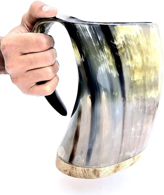 Large Vikings drinking horn mug with wooden base, Handcrafted Vikings original horn mug drinking horn. - Retro Handicrafts