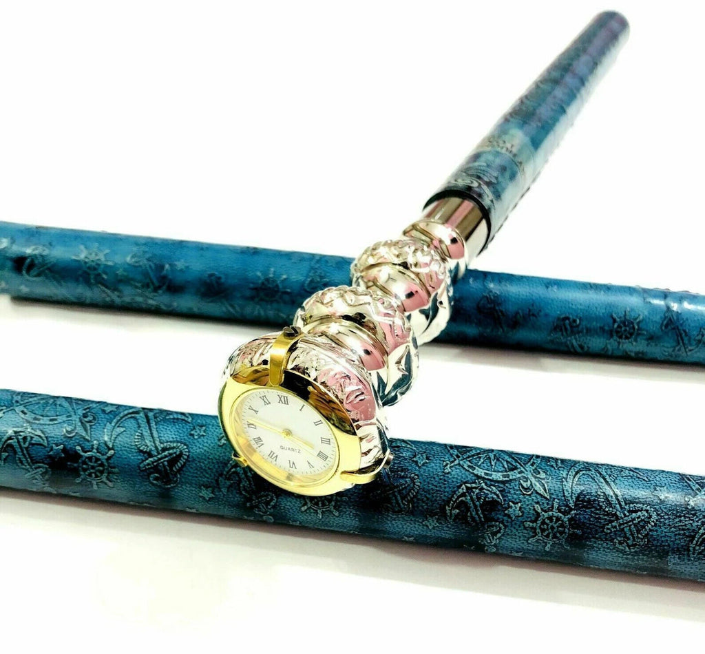 Leather engraved walking stick with brass handle and built-in clock, perfect for gentlemen and collectors