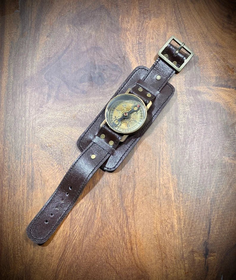 Leather Strap Steampunk Wrist Brass And Leather Compass Watch - Retro Handicrafts