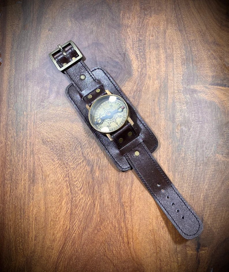 Leather Strap Steampunk Wrist Brass And Leather Compass Watch - Retro Handicrafts