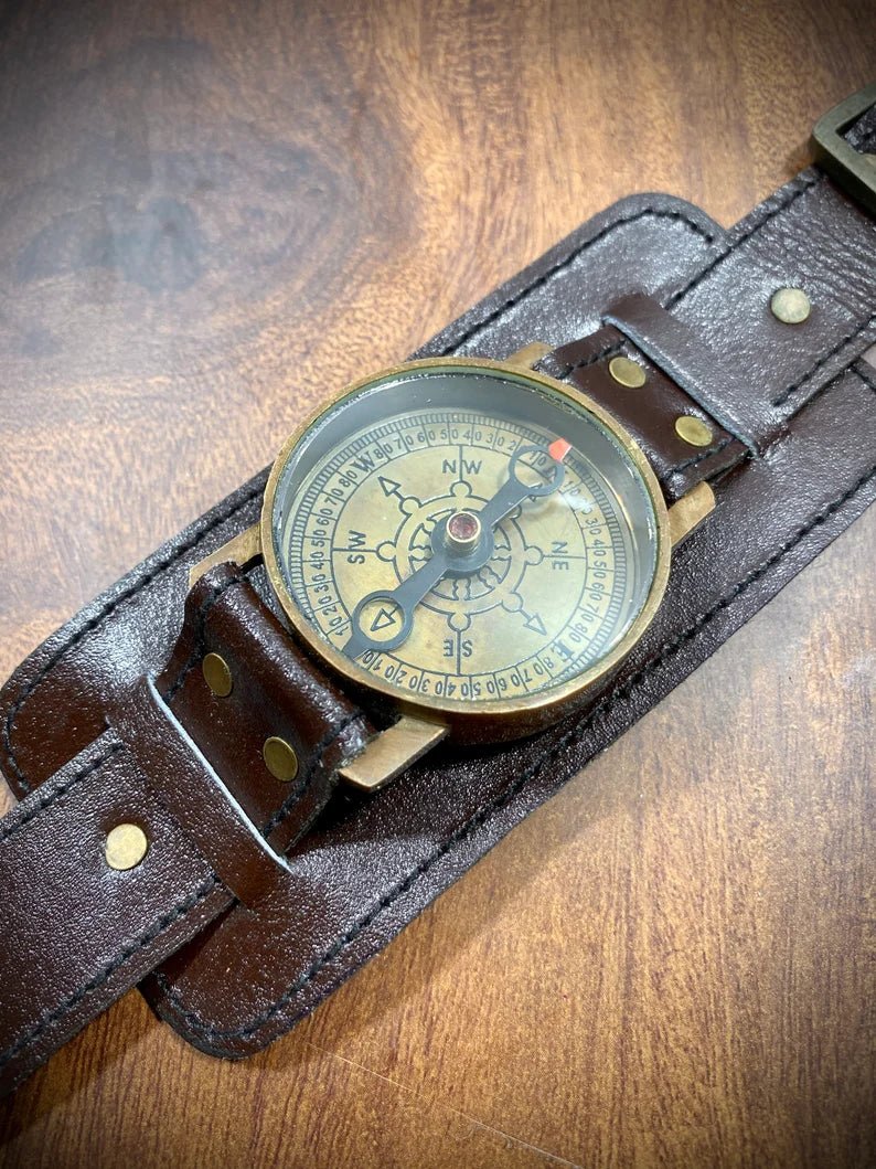 Leather Strap Steampunk Wrist Brass And Leather Compass Watch - Retro Handicrafts