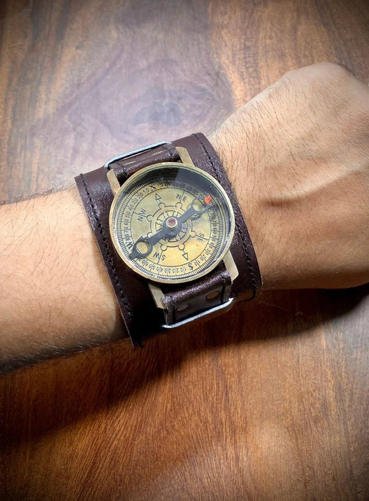 Leather Strap Steampunk Wrist Brass And Leather Compass Watch - Retro Handicrafts