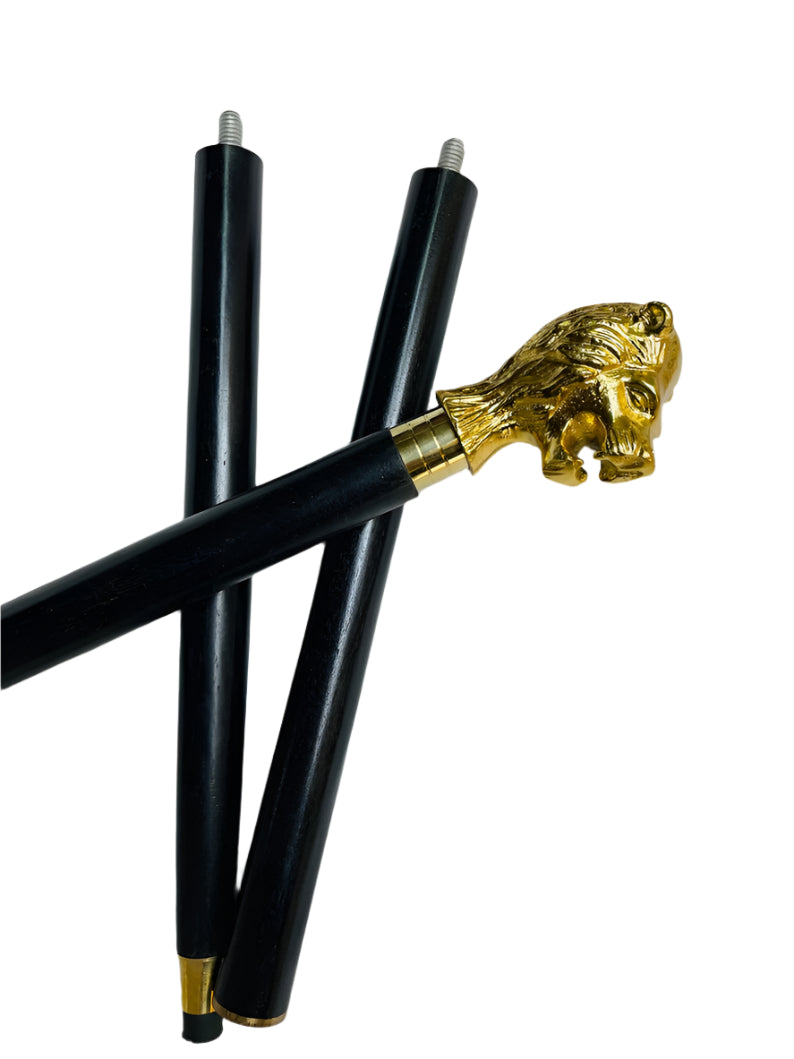 Close-up of the detailed lion head handle on the Vintage Wooden Walking Stick, highlighting the craftsmanship and solid brass material.