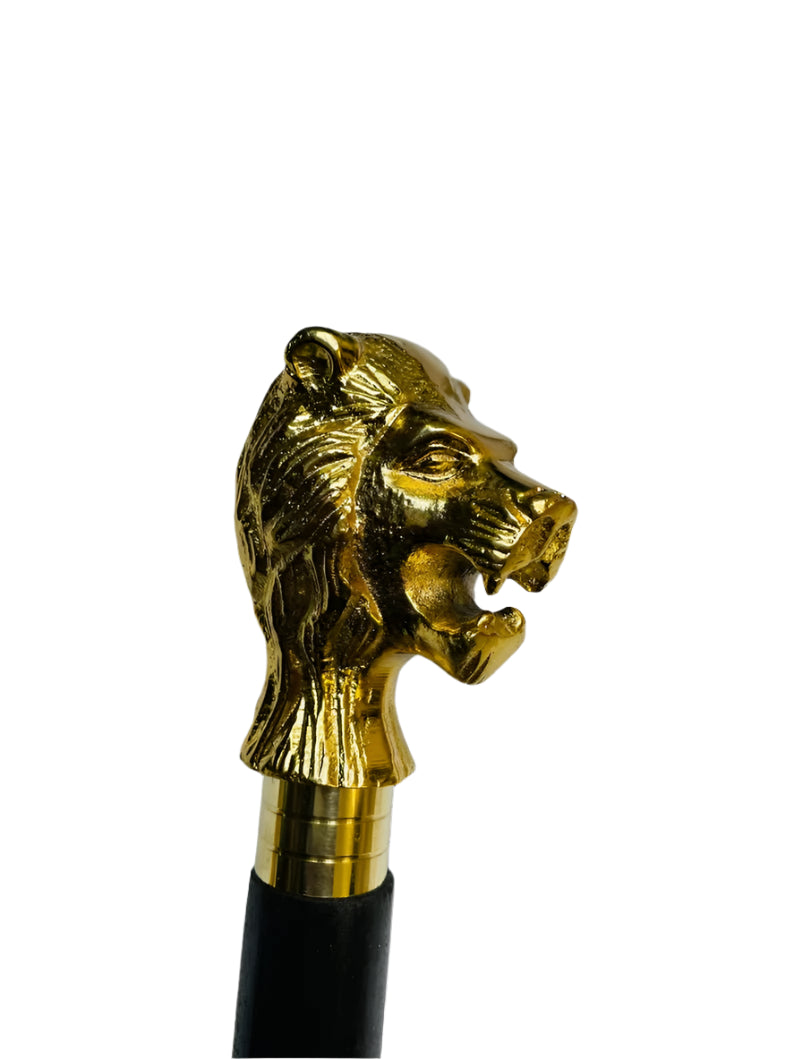 Front view of the Lion Head Handle Vintage Wooden Walking Stick Cane showcasing its intricate lion head brass handle and wooden shaft.