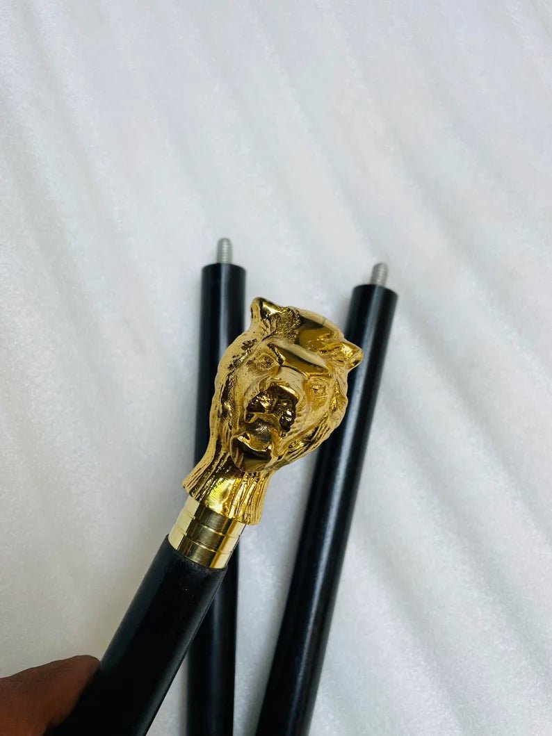 Side view of the Lion Head Handle Vintage Wooden Walking Stick Cane showing the full length and smooth wooden shaft.