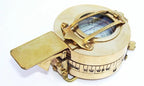 Front view of Maritime Polished Brass Nautical British Prismatic Military Pocket Compass showing detailed craftsmanship and shiny brass finish