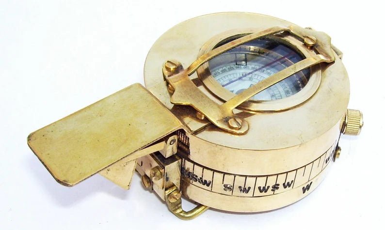 Front view of Maritime Polished Brass Nautical British Prismatic Military Pocket Compass showing detailed craftsmanship and shiny brass finish