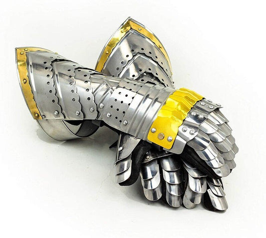 Medieval Armor Pair Brass Accents Gauntlet Gloves Knight Crusader Steel - Retro Handicrafts