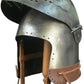 Front view of a high-quality medieval Bascinet helmet with adjustable visor.